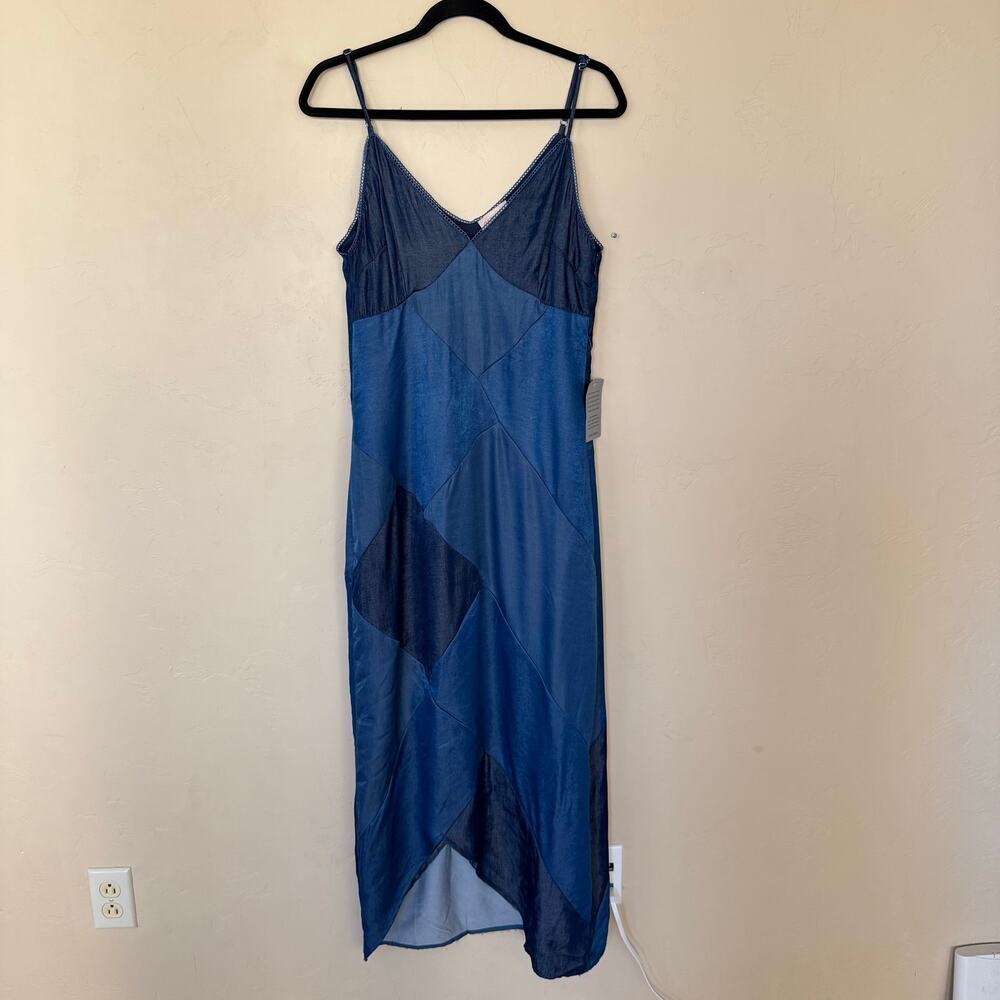 CIEBON Derica Patchwork Slip Dress Blue Satin Maxi Midi V-Neck Slipdress - Picture 4 of 14